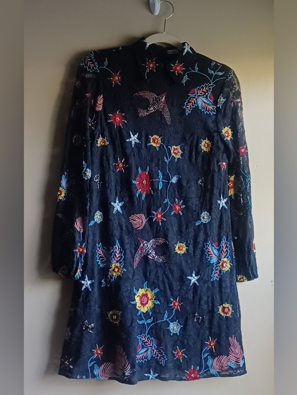 ALICE + OLIVIA Black Embroidered Mini Dress/floral Bird Print/boho Chic Sz4